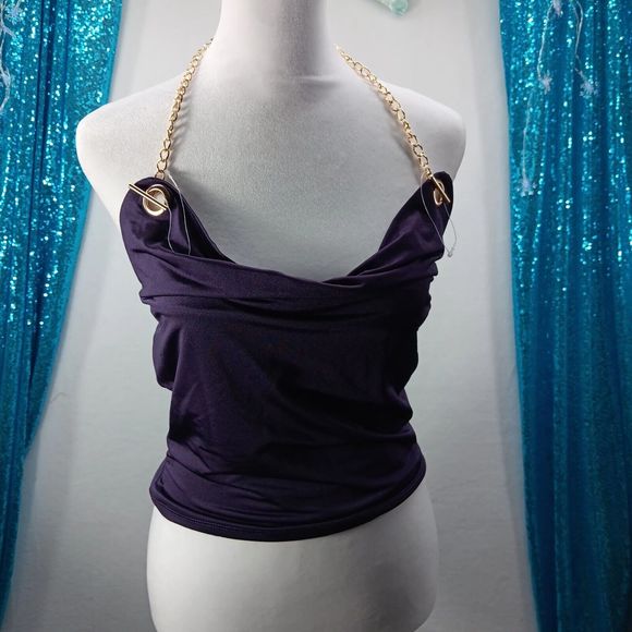 NWT Thirty Thirty Size S Cowl Neck Gold Chain Accent Tube Top Purple Stretch - Picture 1 of 12